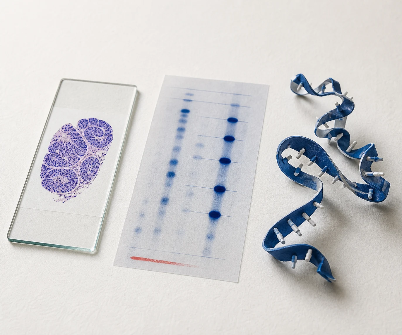 Conceptual editorial still life of a pathology slide, an analysis sheet, and a folded RNA model arranged from left to right